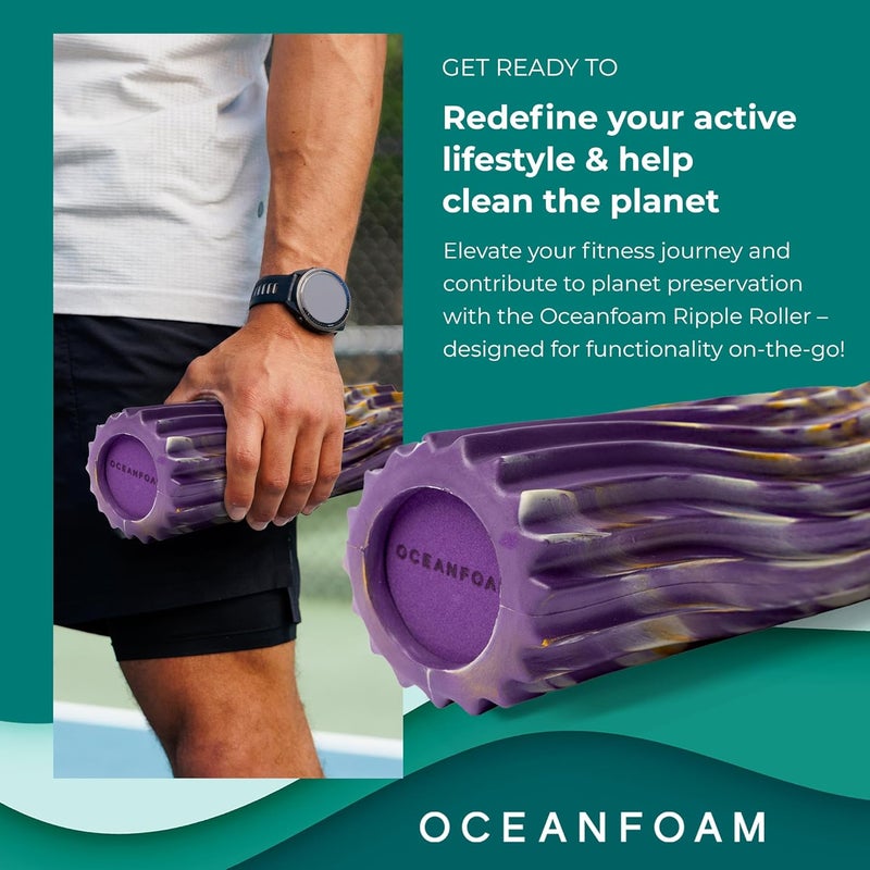 Oceanfoam Ripple Travel Foam Roller (11" x 3.35") Firm Mini Foam Roller for Physical Therapy, Deep Tissue Massage, Back Pain - High Density, Wave Textured - Yoga (Purple, Gold & Natural Marbled) - Image 2